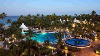 Pool in tropical resort at dusk