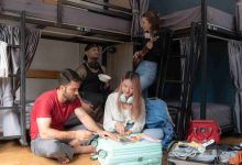 Four friends gathering in hostel bunkroom