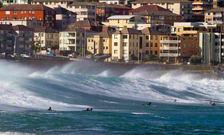 Surfers enjoying large waves near coastal city