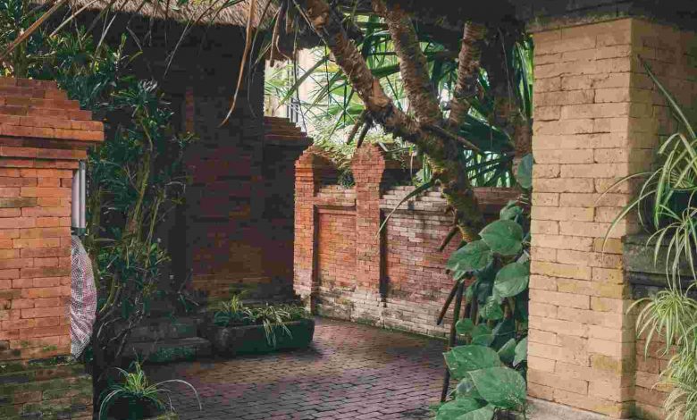 Brick pathway surrounded by lush tropical foliage
