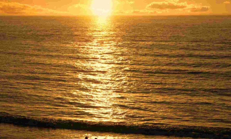 Couple meets at sunset beach
