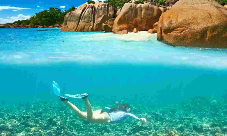 Woman with mask snorkeling in clear water at seych