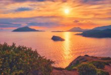 Aegean sea with islands view on sunset