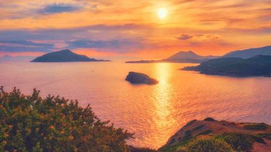 Aegean sea with islands view on sunset