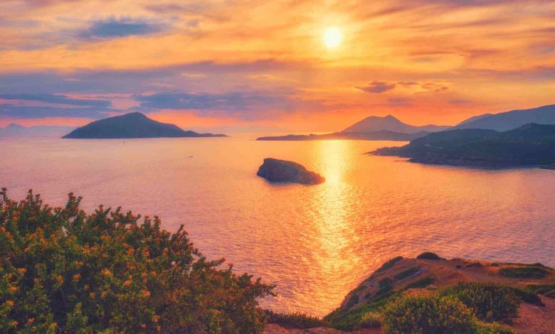 Aegean sea with islands view on sunset