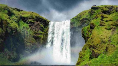 Majestic skogafoss waterfall flowing with rainbow
