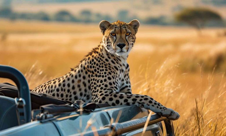 Resting cheetah sitting on top of vehicle