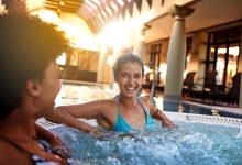 Smiling women relaxing in a luxurious hot tub