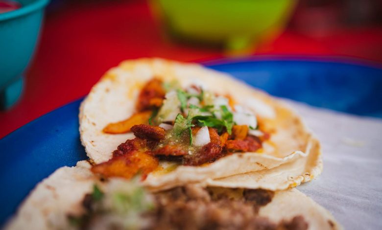 Close up view of a street taco of ground beef in s