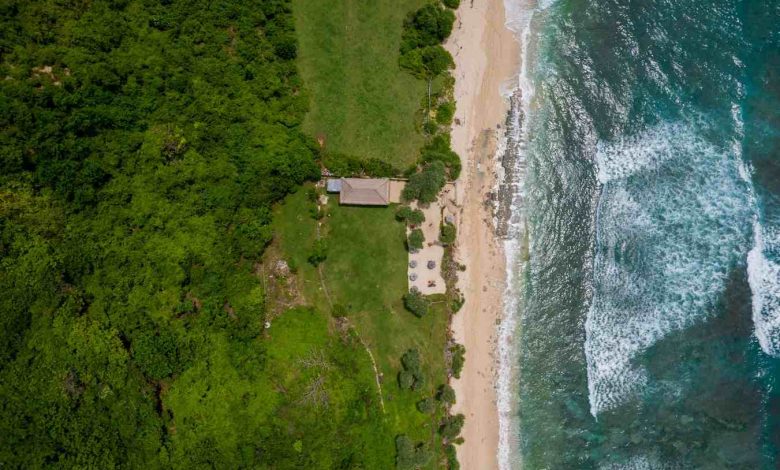 An aerial view of a beach and ocean
