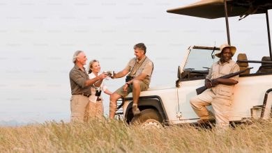 A group of people standing next to a safari vehicl